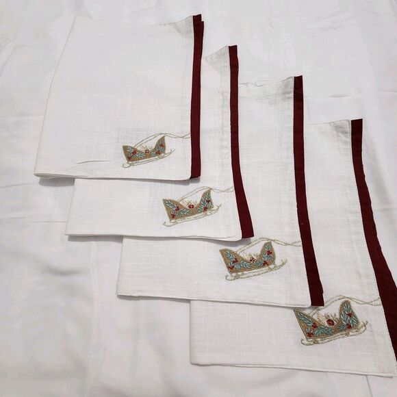 Santa's Workshop Embroidered Sleigh Placemats White Red Trim Christmas Set of 4 - Picture 12 of 12